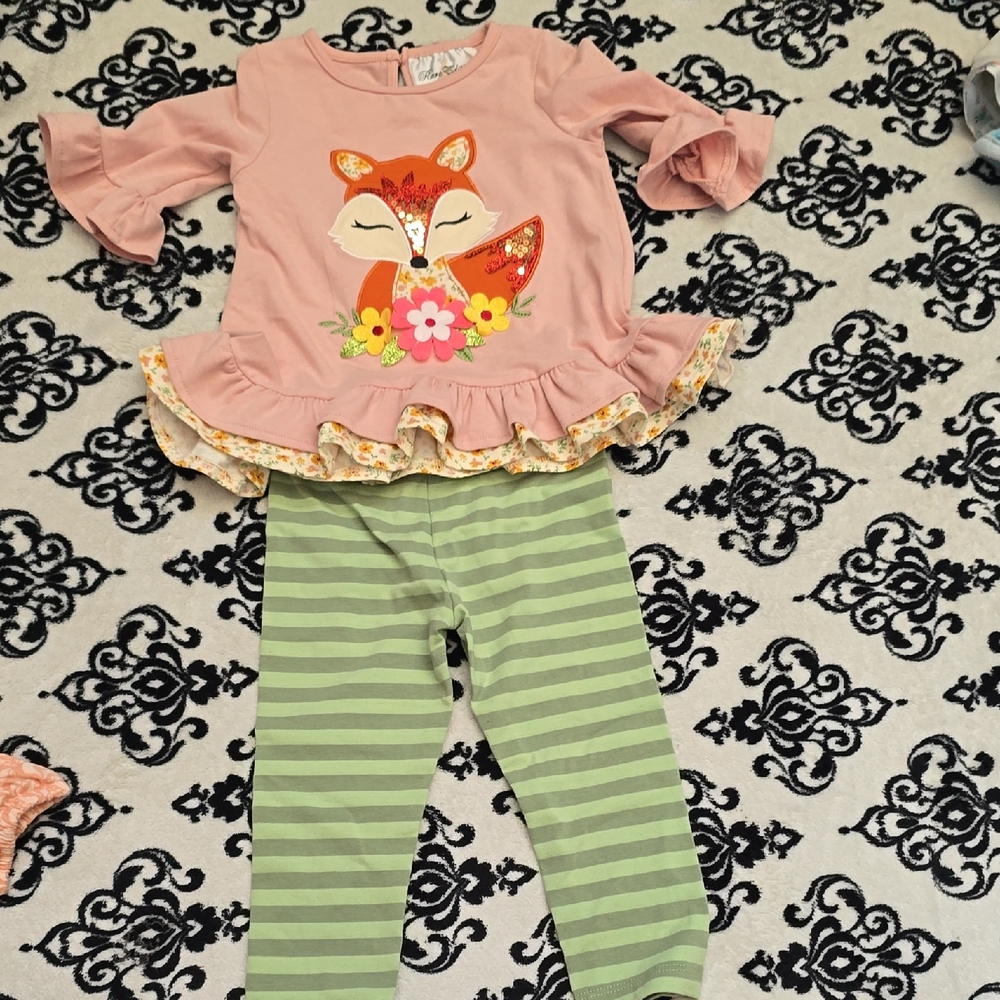 Rare Editions Light Pink Girls Tee with Embroidered Fox